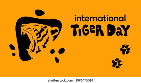International Tiger Day. July 29. Template for your design. Stylized vector illustration of a black silhouette of a snarling tiger, tiger tracks.