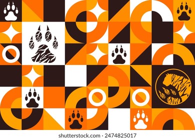 International Tiger Day. July 29. Seamless geometric pattern. Template for background, banner, card, poster. Vector EPS10 illustration