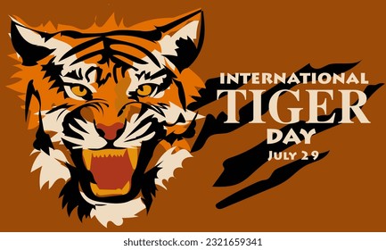 International Tiger Day on July 29. The big head of the aggressive tiger growls. Portrait of an evil tiger. Suitable for printing on postcards, banners, flyers. Tiger claw marks, scratched fabric