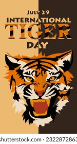 International Tiger Day on July 29. The big head of the aggressive tiger growls. Portrait of an evil tiger. Suitable for printing on postcards, banners, flyers. Person warning attack, danger