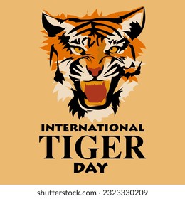 International Tiger Day on July 29. The big head of the aggressive tiger growls. Portrait of an evil tiger. Suitable for printing on postcards, banners, flyers. Person warning attack, danger.