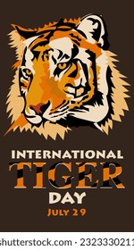 International Tiger Day on July 29. The big head of the calm tiger looks away. Portrait of a tiger. Suitable for printing on postcards, banners, flyers. The face of a cute, calm tiger on a dark.
