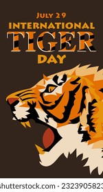 International Tiger Day on July 29. The big head of the aggressive tiger profile growls. Portrait of an evil tiger. Suitable for printing on postcards, banners, flyers. Person warning attack, danger