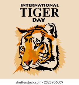International Tiger Day on July 29. The big head of the calm tiger looks away. Portrait of a tiger. Suitable for printing on postcards, banners, flyers. The face of a cute, calm tiger on a light