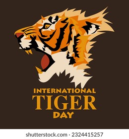 International Tiger Day on July 29. The big head of the aggressive tiger profile growls. Portrait of an evil tiger. Suitable for printing on postcards, banners, flyers. Person warning attack, danger