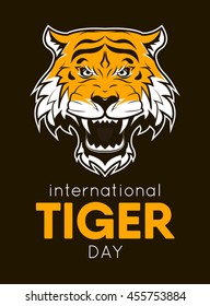 International Tiger day poster template with angry tiger head. Vector Illustration.