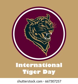 International Tiger day poster template with angry tiger head. Vector Illustration.