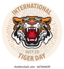 International Tiger Day poster template with angry tiger head. Vector illustration. Card in cartoon style.