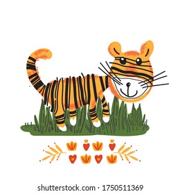 International Tiger Day, wild animals  African. Hand drawn flat color illustrations. Funny cartoon cliparts 