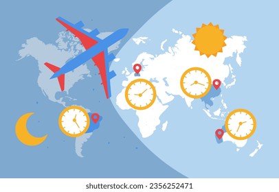 International time map concept. Airplane above continents. Travel and tourism, flight. Instruments for measuring of time. Template, layout and mock up. Cartoon flat vector illustration