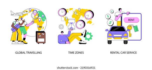 International tourism abstract concept vector illustration set. Global travelling, time zones, rental car service, travel agency, vacation resort chain, jet lag, online car booking abstract metaphor.