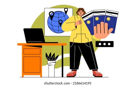 International tourism concept. Girl shows tickets, standing at backdrop of world map, globe. Holidays and holidays in exotic and tropical countries, summer season. Cartoon flat vector illustration