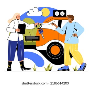 International tourism concept. Man in another country rents car to move faster, carsharing service. Driver of vehicle on road. Recreation and vacation, summer season. Cartoon flat vector illustration