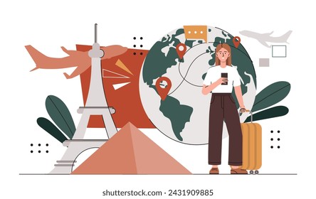 International tourism concept. Woman with smartphone and luggage near Eiffel Tower. Holiday and vacaton in France and Paris. Cartoon flat vector illustration isolated on white background