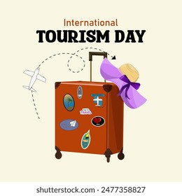 International tourism day. A brightly colored suitcase with a brightly colored woman's hat. Vector illustration
