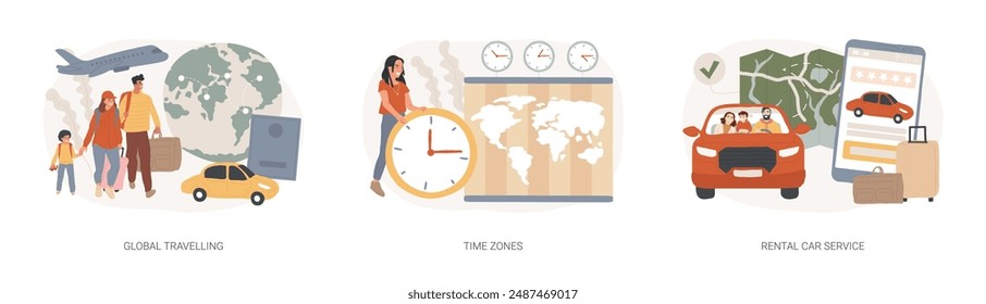 International tourism isolated concept vector illustration set. Global travelling, time zones, rental car service, travel agency, vacation resort chain, jet lag, online car booking vector concept.