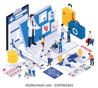 Composición isométrica del turismo internacional con personajes de turistas con médicos medicina de seguros e ilustración vectorial de caja de primeros auxilios