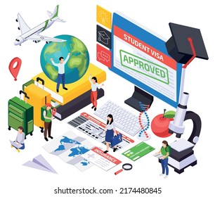 International tourism isometric composition with education workplace items and computer flight tickets and small human characters vector illustration