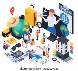 International tourism isometric composition with woman surrounded by flight tickets passport accomodation and travel insurance certificate vector illustration