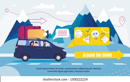 International Tourism and Travel Around Globe Advertising Poster. Holiday Vacation Global Travelling. Road Trip by Car, Airplane. Flat Mountains Landscape. Man Woman Driving Auto. Vector Illustration