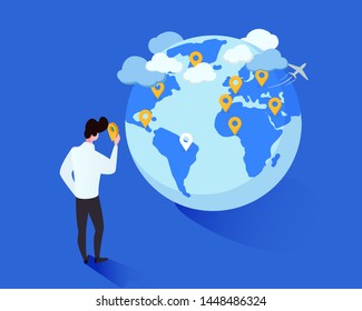 Ilustração isométrica vetorial de turismo internacional. Homem de desenho animado colocando geotags no personagem de desenho animado do globo. Planejamento turístico, futuros destinos de viagens ao exterior, viajante marcando viagens, lista de desejos