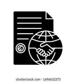 International trade agreement black glyph icon. Partnership, cooperation. Business, commerce, contract signing, making deal. Silhouette symbol on white space. Vector isolated illustration