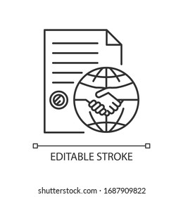 International Trade Agreement Pixel Perfect Linear Icon. Partnership, Contract Signing, Deal. Thin Line Customizable Illustration. Contour Symbol. Vector Isolated Outline Drawing. Editable Stroke