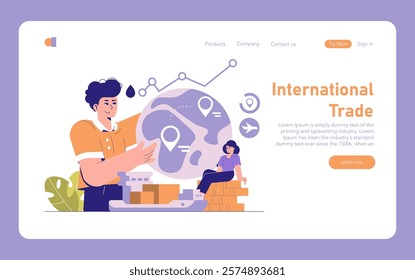 International Trade concept. Dynamic illustration representing global commerce activities with a stylized globe and characters. Trade routes, logistics management, and economic exchange. Vector