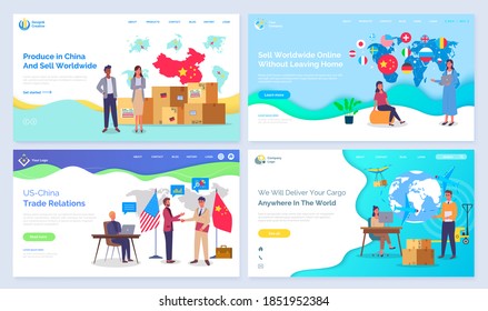 International trade concept landing page template set, sell worldwide on online marketplace. People telling about global sales standing near presentation page of digital data, globe with marks