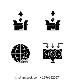 International trade, customs taxes black glyph icons set on white space. Export and import tariffs, non-tariff barriers and foreign direct investment. Silhouette symbols. Vector isolated illustration