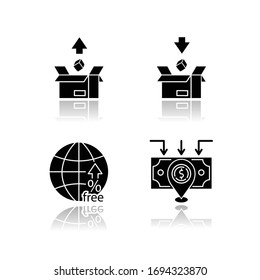 International trade, customs taxes drop shadow black glyph icons set. Export and import tariffs, non-tariff barriers and foreign direct investment. Isolated vector illustrations on white space