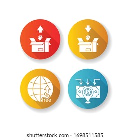 International trade, customs taxes flat design long shadow glyph icons set. Export and import tariffs, non-tariff barriers and foreign direct investment. Silhouette RGB color illustration