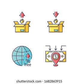 International trade, customs taxes RGB color icons set. Export and import tariffs, non-tariff barriers and foreign direct investment. Isolated vector illustrations