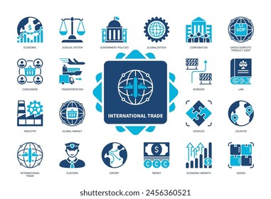 Conjunto de iconos de comercio internacional. Sistema Económico, Judicial, Corporación, Transporte, Consumidores, Bienes, Servicios, Mercado Global. Iconos sólidos de color de duotono