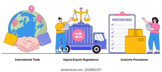 International Trade, Import-Export Regulations, and Customs Procedures Concept with Character. Global Commerce Abstract Vector Illustration Set. Cross-Border Transactions, Customs Clearance Metaphor.