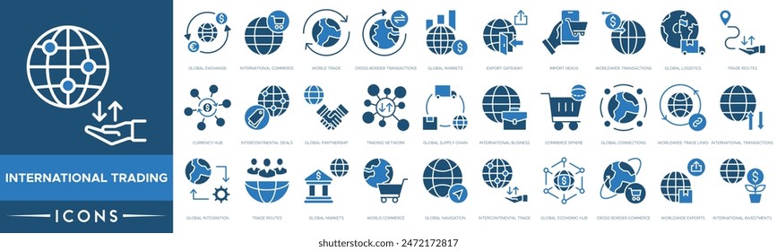 International Trading icon. Global Exchange, International Commerce, World Trade, Cross Border Transactions, Global Markets, Export Gateway, Import Nexus, Worldwide Transactions and Global Logistics