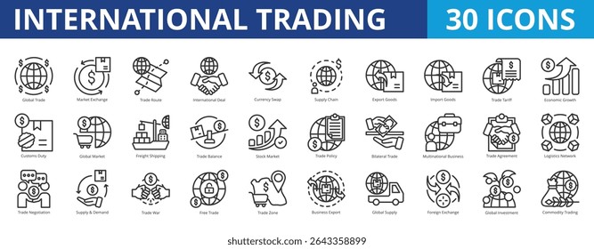 International trading icon pack collection set for export import of goods and services. With global trade, market exchange, trade route, international deal, currency swap, supply chain, logistics