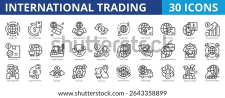 International trading icon pack collection set for export import of goods and services. With global trade, market exchange, trade route, international deal, currency swap, supply chain, logistics