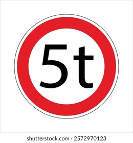 International traffic sign indicating a weight limit of five tons, isolated on white.