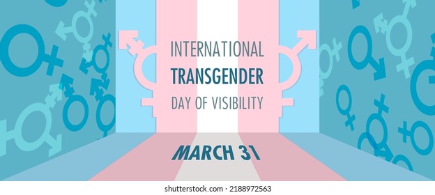 International Transgender Day of Visibility on March 31 vector banner with transgender symbols on a three-dimensional background in transgender flag colors. Can be used for banner, card and poster.