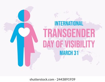 International Transgender Day of Visibility poster vector illustration. Transgender person with heart shape simple pink blue icon. Template for background, banner, card. March 31 every year