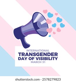 International Transgender Day of Visibility poster vector illustration. Purple megaphone and transgender heart shape pride flag vector. Template for background, banner, card. March 31 every year