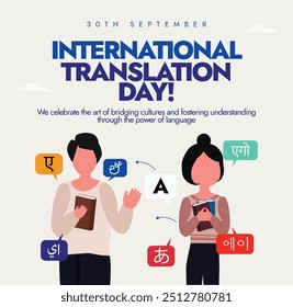 International Translation Day. 30th Sept Translation day banner, post with a girl, boy, words in different languages. This day honors the  translators and the role they play in promoting dialogue.