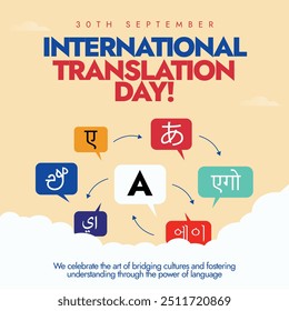 International Translation Day. 30th September Translation day banner, post with words in different languages. This day honors the  translators and the role they play in promoting dialogue, peace.