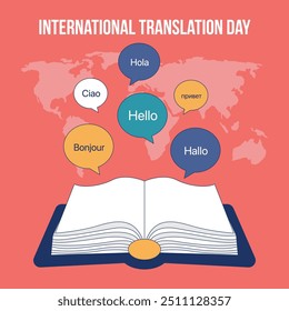 International Translation Day: An Open Book with Global Greetings in Multiple Languages