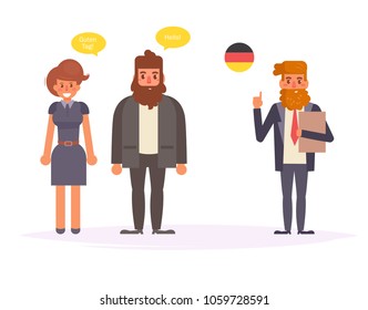 International translator German Hello Vector. Cartoon. Isolated art on white background. Flat