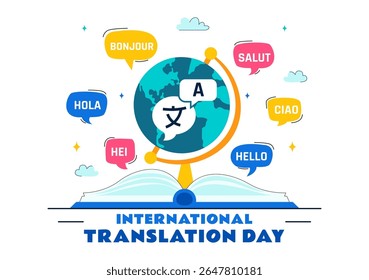 International Translator or Translation Language Day Illustration with Hello Greetings from Different Countries and Multilingual Global Communication