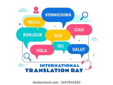 International Translator or Translation Language Day Illustration with Hello Greetings from Different Countries and Multilingual Global Communication