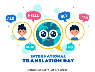 International Translator or Translation Language Day Illustration with Hello Greetings from Different Countries and Multilingual Global Communication