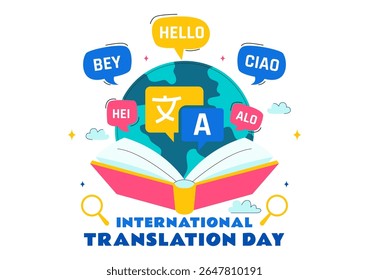 International Translator or Translation Language Day Illustration with Hello Greetings from Different Countries and Multilingual Global Communication